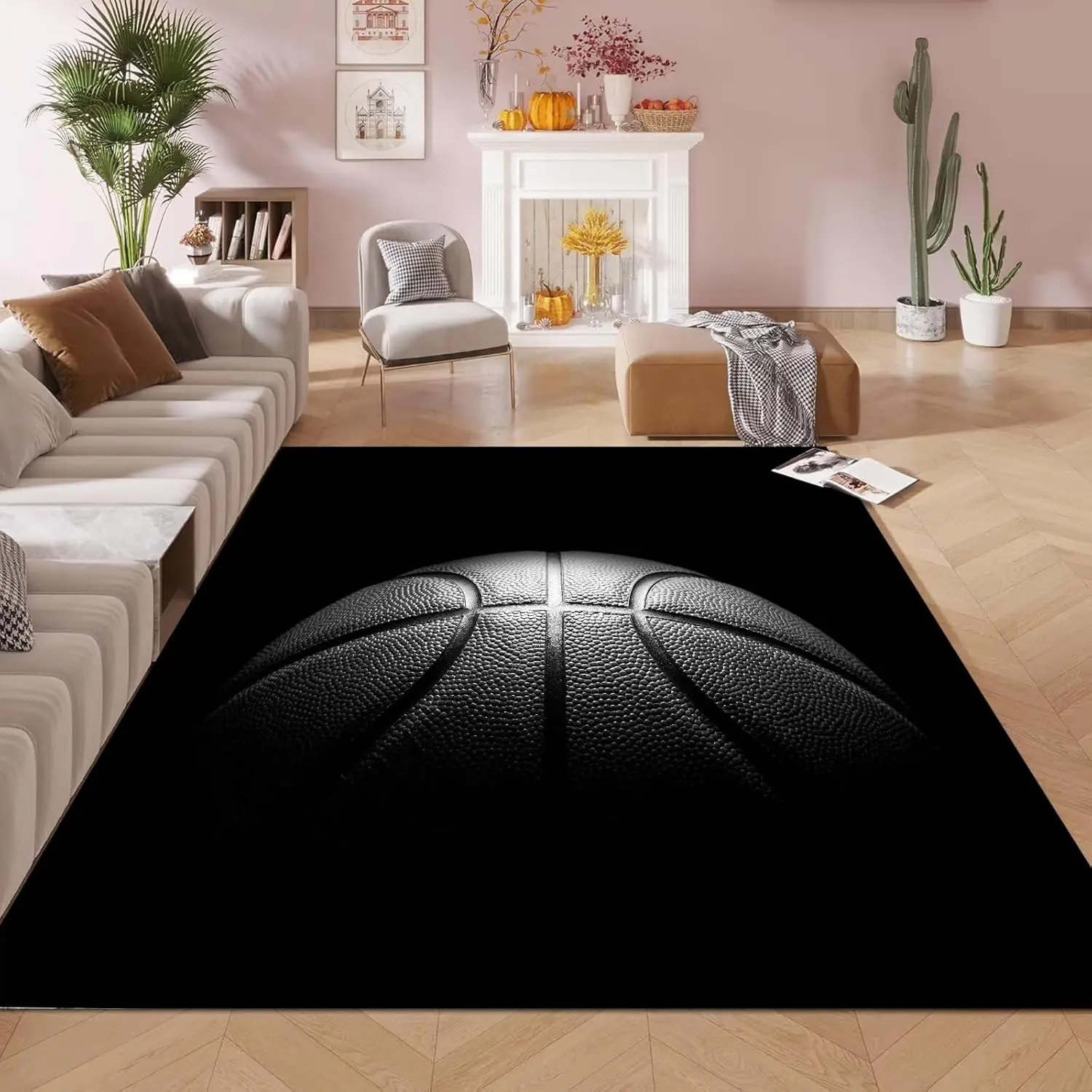 

Black Basketball Rugs for Bedroom Boys Living Room Hallway Entryway Dorm Sports Carpets Floor Mat Playroom Indoor Doormat