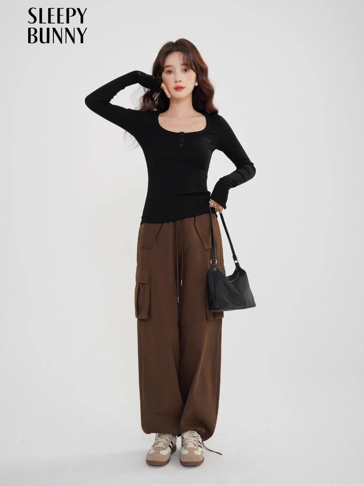 

Vintage Drawstring Cargo Pants Women High Waist Loose Straight Trousers Casual Streetwear Joggers with Pockets for Fall Spring