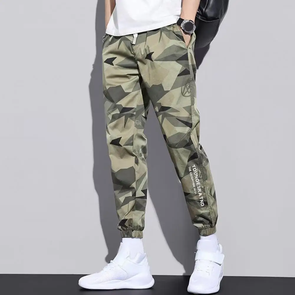 

Men Elastic Waist Pants Camouflage Print Men's Ice Silk Sport Pants With Drawstring Waist Ankle-banded Pockets For Wear For Men