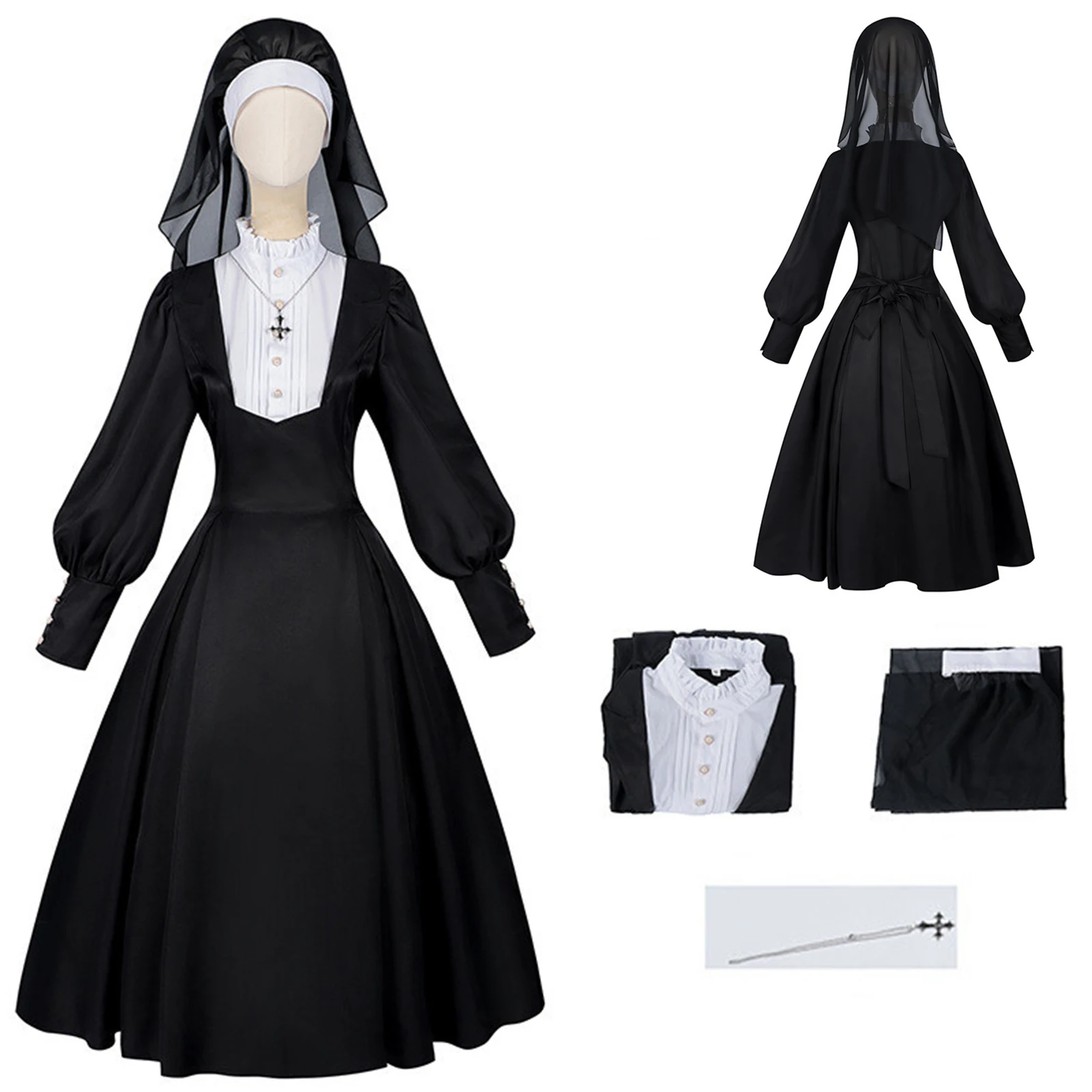 

Nun Cosplay Costume Black Long Sleeve Maxi Dress With Veil Cross Necklace Full Set Women Halloween Gothic Party Fancy Dress
