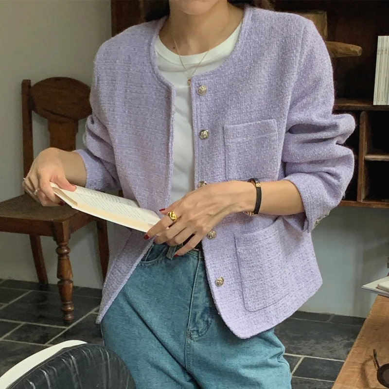 Chaqueta de Tweed Vintage para mujer, abrigo corto de manga larga con cuello redondo y botonadura única, Otoño, 2024
