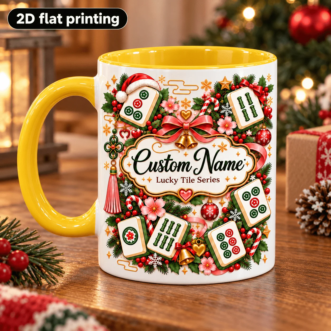 2D 1pc 11oz Personalized Custom Mahjong Christmas Mug,Christmas Party Gift,Hand Wash Only Microwave Safe,Mahjong Player Coffee
