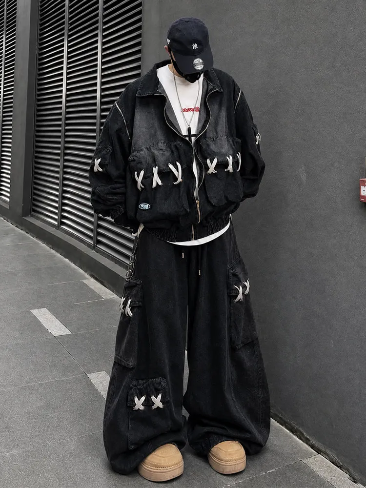 2026 New Unisex Streetwear Denim Jacket Japanese Retro Loose Fit Multi Pocket Baseball Coat With Detachable Sleeves Outerwear