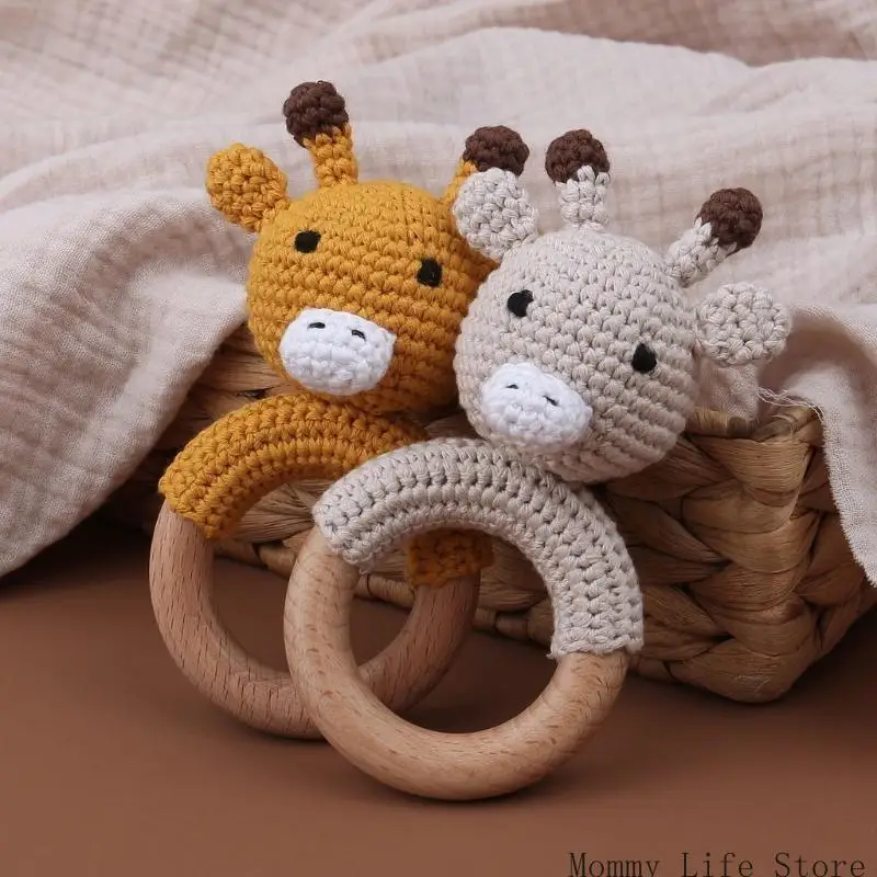 

Baby Rattle Cartton Animal Crochet Wooden Rings Rattle DIY Crafts Teething Rattle Amigurumi For Baby Cot Hanging
