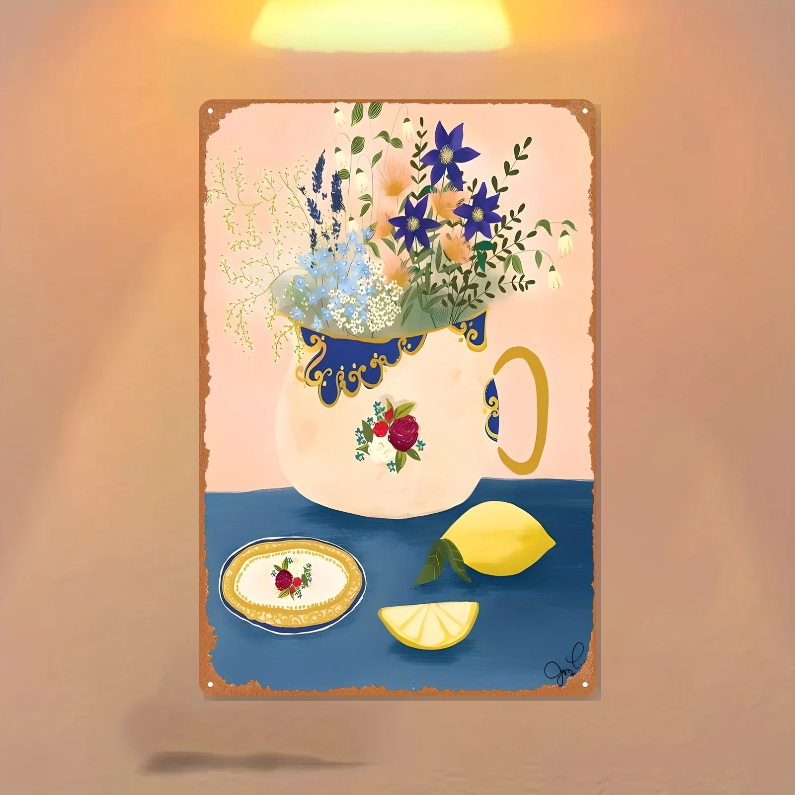 2D Flaches, Vintage Blumen-Tassen- und Untertassen-Set, Metall-Wandkunst mit Blumen-, Zitronen- und Teetassen-Design, Ideal für Wohnzimmer
