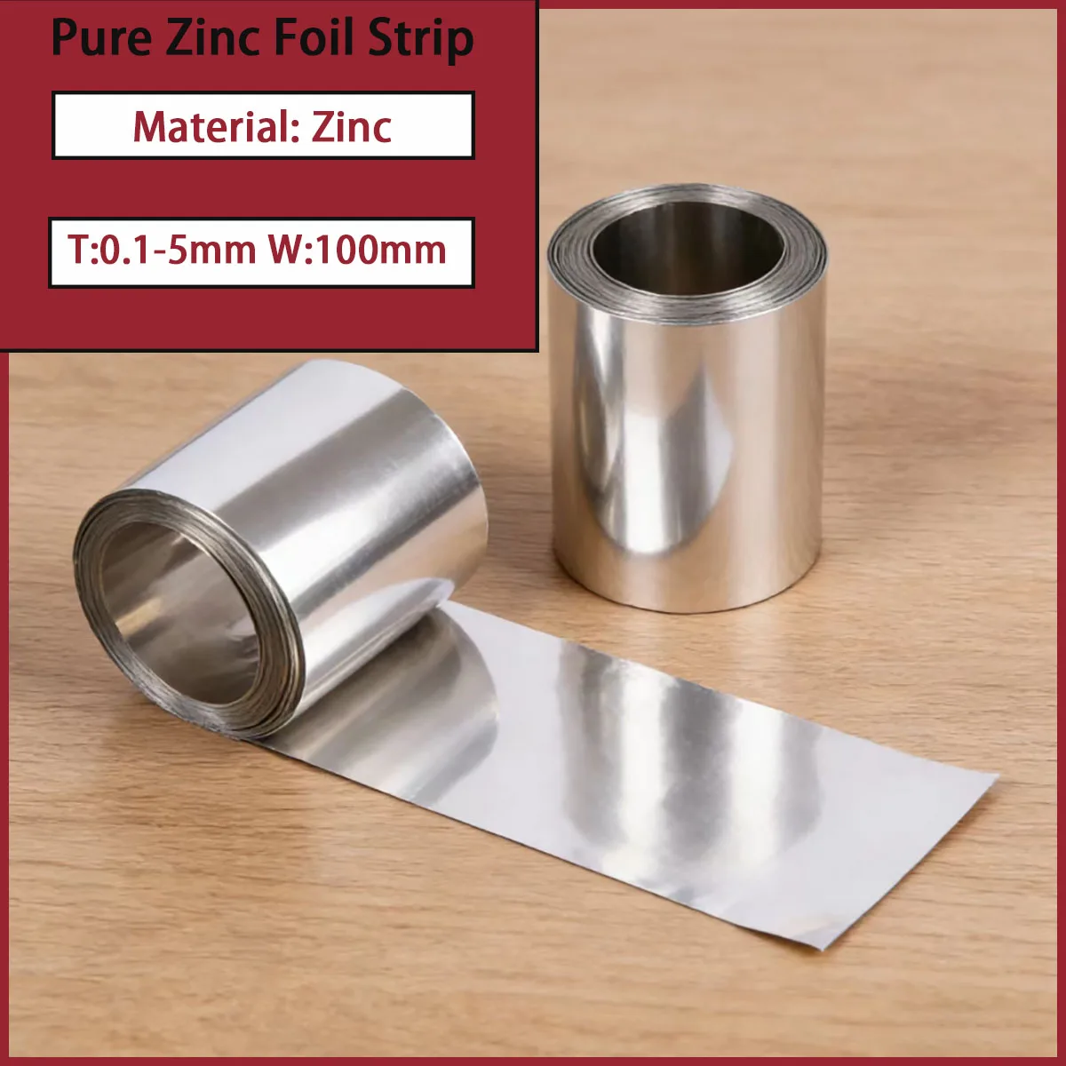Pure Zinc Foil and Zinc Strip Thickness 0.1mm~5mm, Width 100mm, Used for Anti-Corrosion, Electronics, Battery Manufacturing, Etc