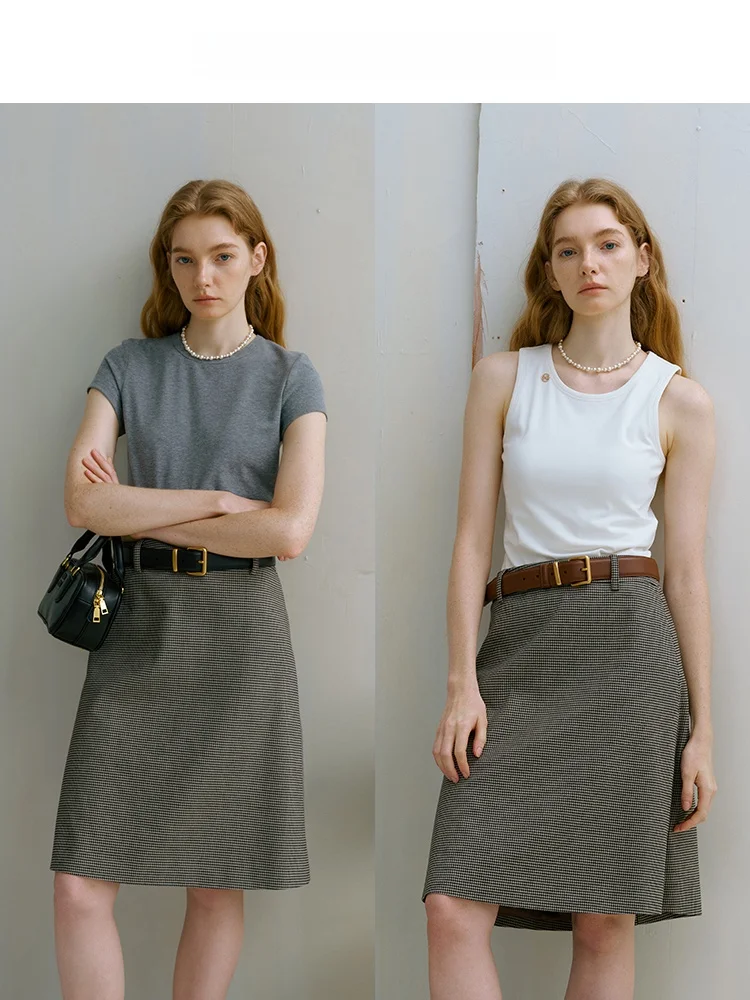 

Souaround Retro Plaid Khaki Versatile A-Line Midi Skirt Workwear Sle Slimming mid Waist Polyester Fiber Summer 2024