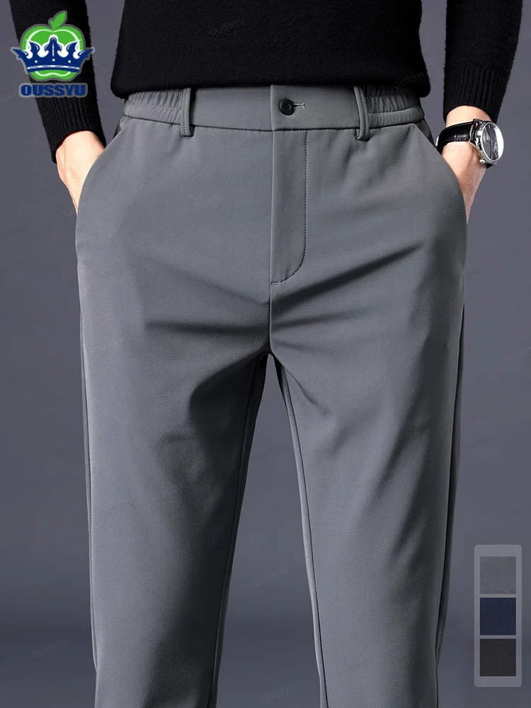 Pantalones informales gruesos para hombre, pantalones elásticos de negocios, ajustados, de cintura elástica, para correr al aire libre, clásicos, coreanos, grises y negros, Otoño e Invierno