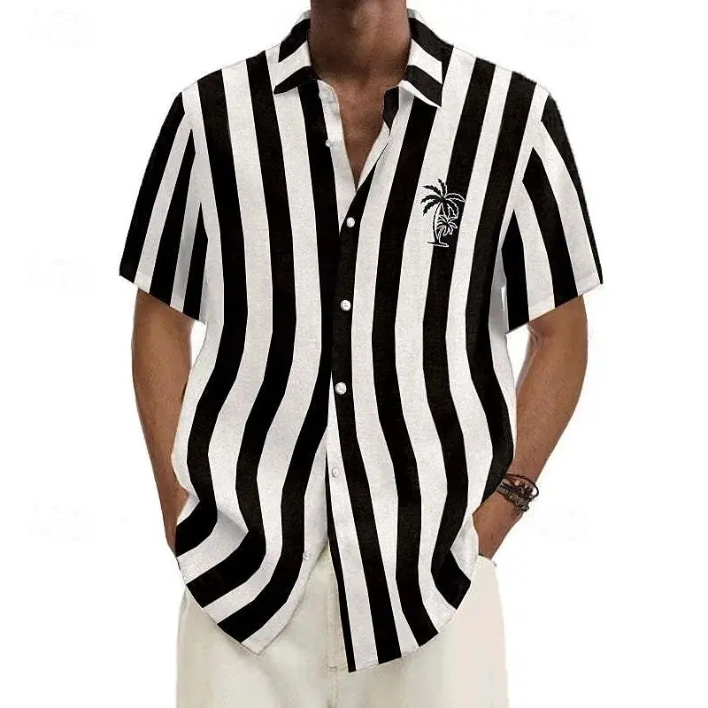 2025 Hawaiian Shirt Men's Summer New Coconut Tree Striped Short Sleeve Shirt Tops Casual Popsicle Shirt Button polyester Clothes