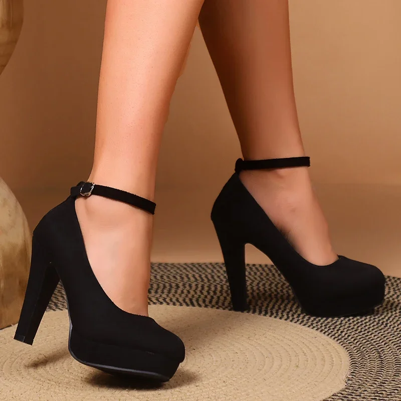 2024Sexy Super High Heels Shoes for Women Ankle Buckle Chunky Platform Pumps Black Flock Square Heel Party Shoes Large Size 42