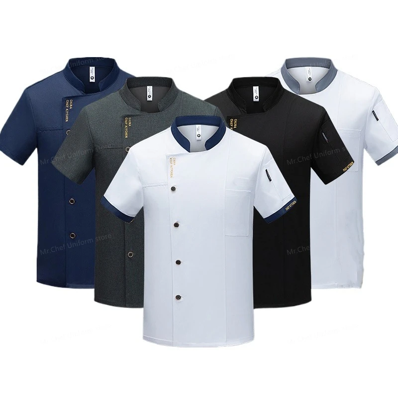 

Summer Chef Jacket black uniform Men short sleeve Restaurant Chef coat apron work clothes logo Breathable mesh Kitchen Chef tops