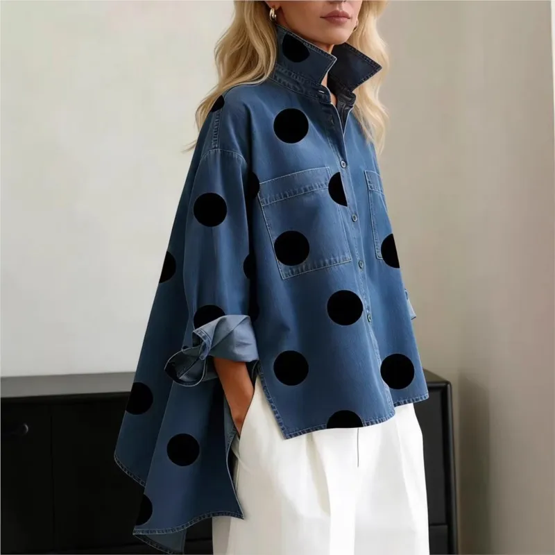 

2026 New Women Vintage Blouses Spring Fall Print Imitation Denim Stand Collar Slit Pockets Casual Tops Women Shirts Streetwear
