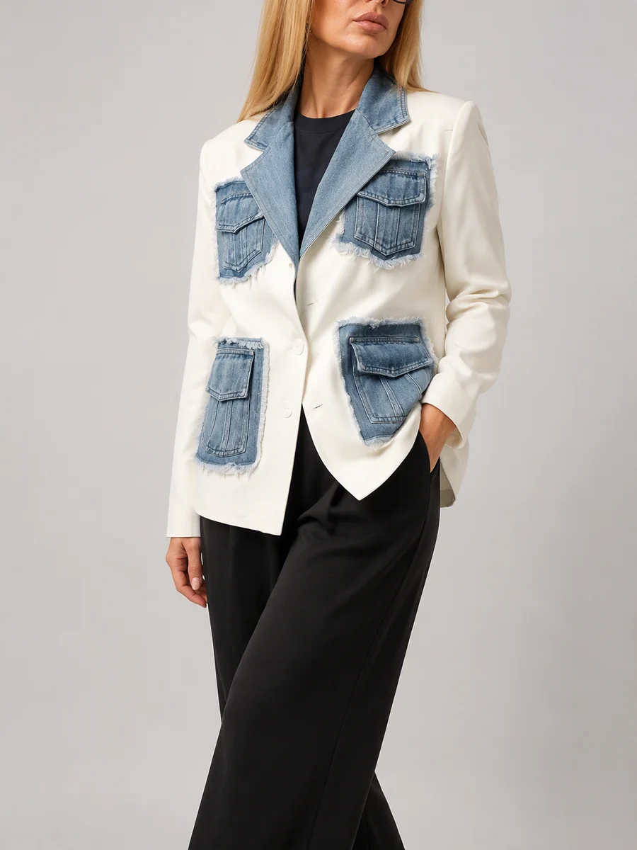 TWOTWINSTYLE Fashion Denim Patchwork Jacket for Women Lapel Collar Frayed Raw Edge Flap Pockets Long Sleeve for Autumn Winter