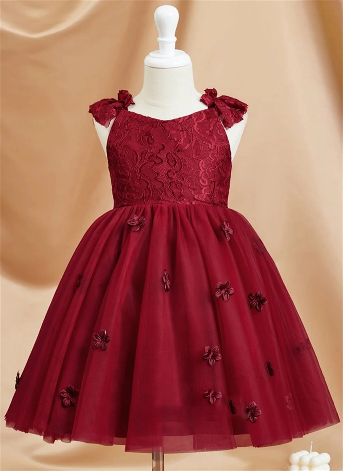 Robe de mariée à fleurs pour filles, col rond, nœud en fibre, jupe bouffante rouge, dentelle, fermeture éclair, taille de document personnalisée, robe éducative