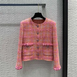 Luxury Runway Fashion Design Pink Plaid Woven Tweed Jacket Women Vintage O-neck Single Breasted Pockets Slim Chic Elegant Coat