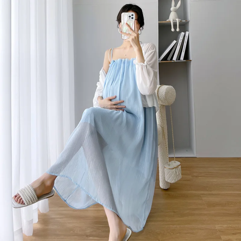 

Maternity Dress New Arrival Chiffon Slip Dress + Sunscreen Shirt Pregnant Fashion Pleated Loose Clothes Set Pregnancy Oversize