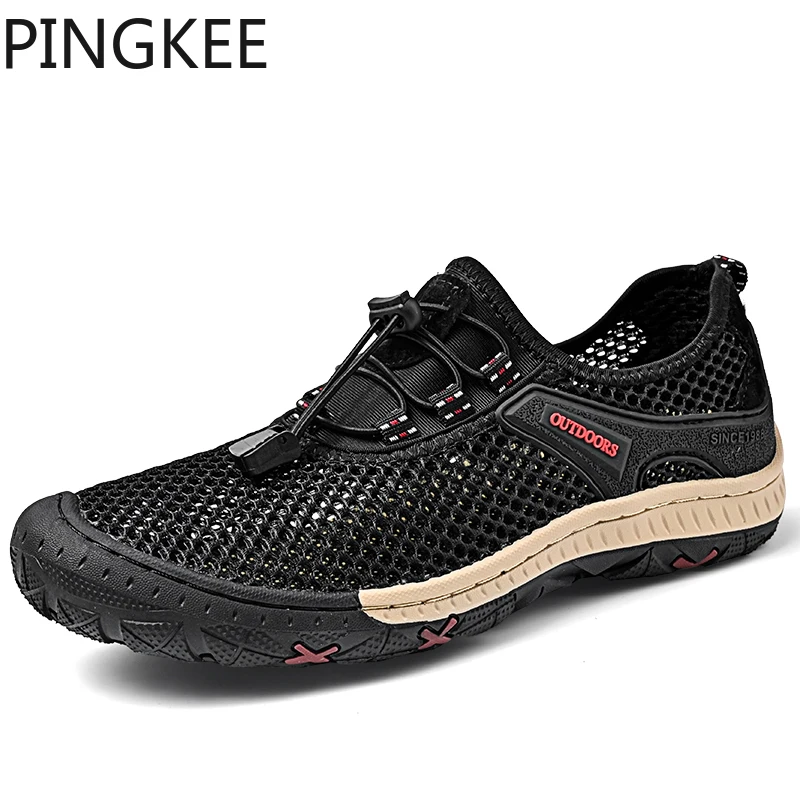 

PINGKEE Lace-lock Bungee Cord Mesh Wading Round Toe Bumper Trail Trekking Backpacking Man Leather Sneakers Hiking Men Shoes