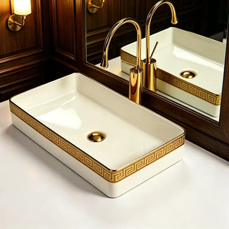 Rectangular Gold-Rimmed Ceramic Washbasin, an Ideal Choice for Modern Bathroom Fixtures, Suitable for Changing Rooms, Vanity Tables, Bathrooms, Toilets, and Rvs