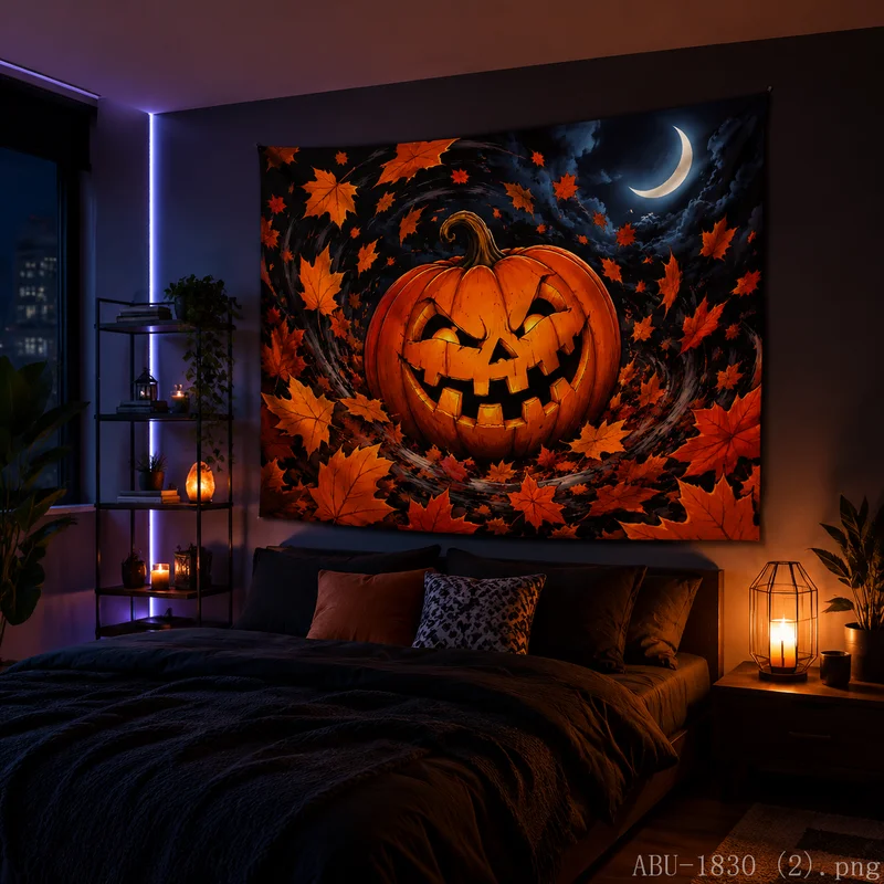 VIKAMA Evil Halloween Pumpkin Tapestry Swirl Maple Crescent Dark Starry Sky Wall Hanging Bedroom Dorm Holiday Decor Cloth