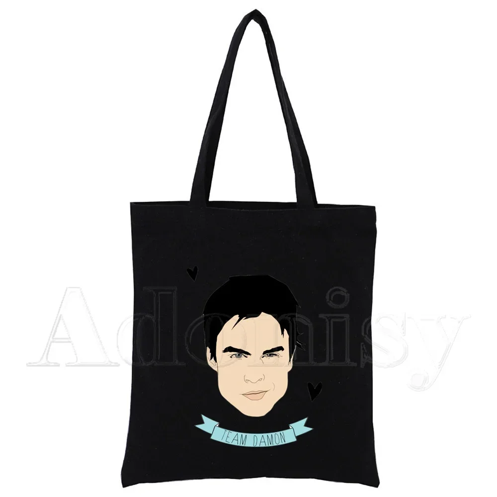 Damon Salvatore The Vampire Diaries Chronicles Vampiricas Canvas Bag Female Large-capacity Eco Environmental Shopper Bag Black