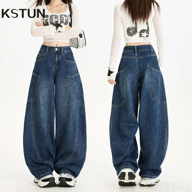 

KSTUN 2025 Autumn Wide Leg Jeans For Women Baggy Pants Loose Fit Curve Pants Streetwear Denim Trousers Big Pockets Design Trendy