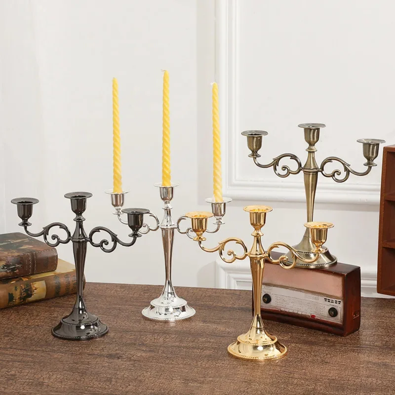 Classic European Vintage Metal Candelabra, 3 Arm Candle Holder Stand, Gold Bronze Tone Wedding Home Tabletop Decor Birthday Gift