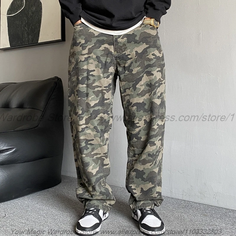 Leisure Handsome Outdoor Washed-out Vintage Camouflage Cargo Pants Men's Straight Loose Wear-Resistant Wide-Leg Pants Fashion