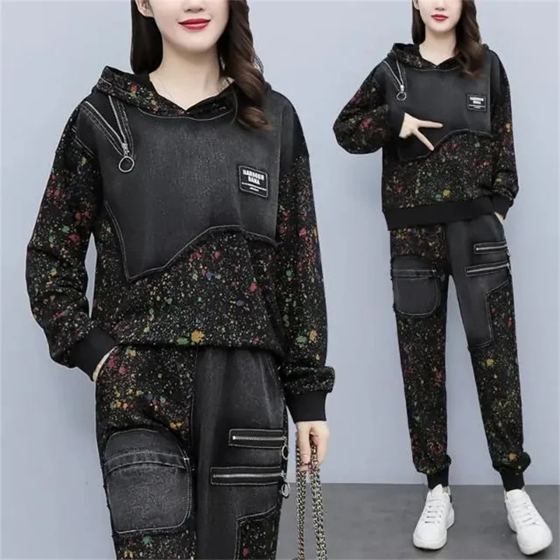 Large Size Women Two Piece Set Female Casual Fashion Denim Set Autumn/Winter Sports Suit Women\'s Pants 2 Piece Set