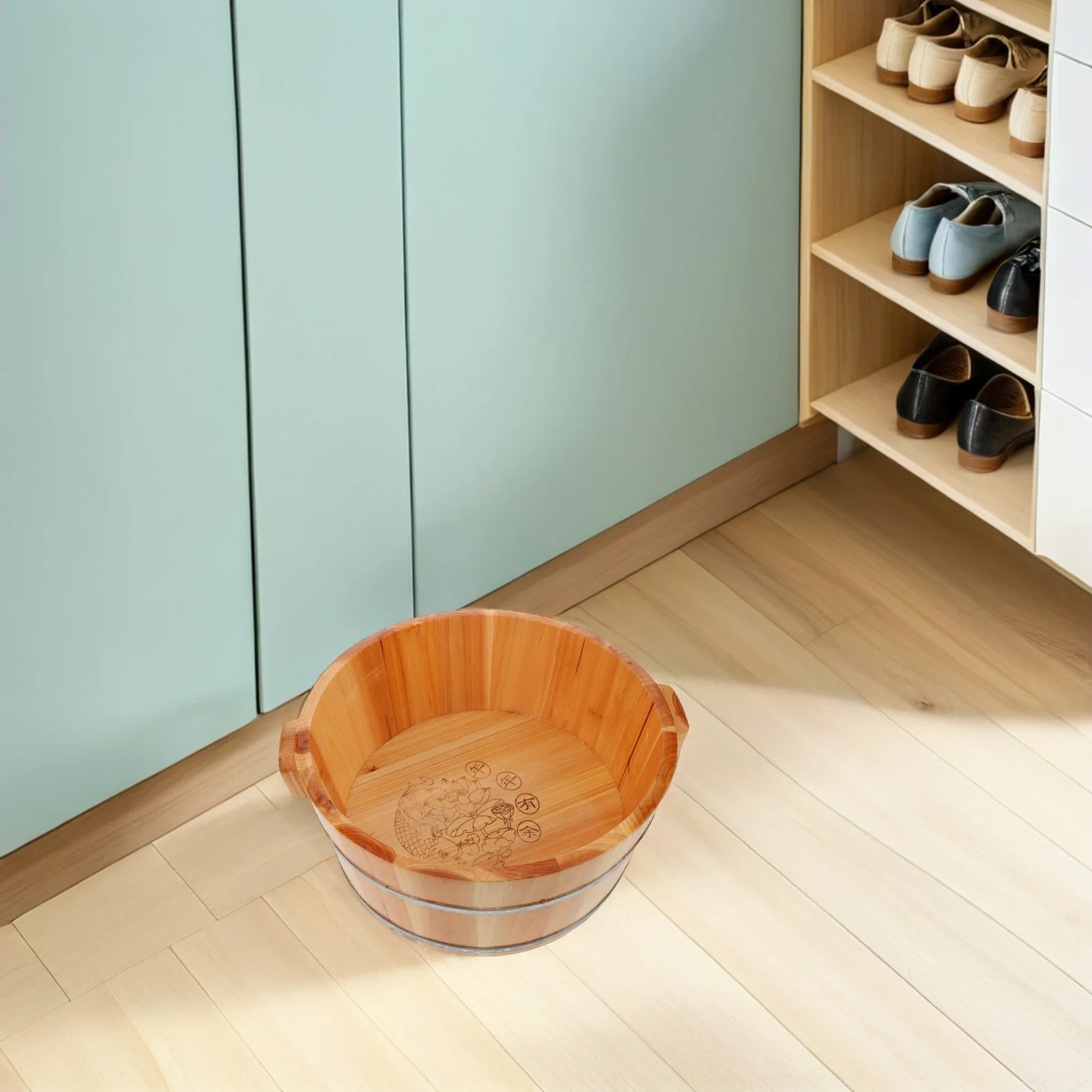 

Natural Wooden Soaking Basin Deep Design Smooth Interior Portable With Handles Foot Bath Tub Wood Wash Bucket Pedicure Bowl Spa