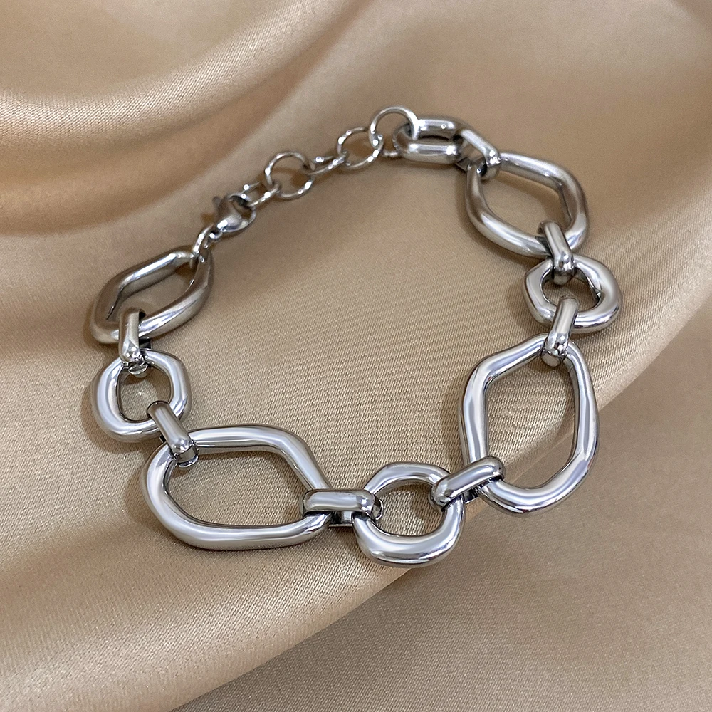 Irregular Circle Chain Link Bracelet for Women Waterproof Jewelry Fashion Gold Silver Color Stainless Steel Bangle Bracelets