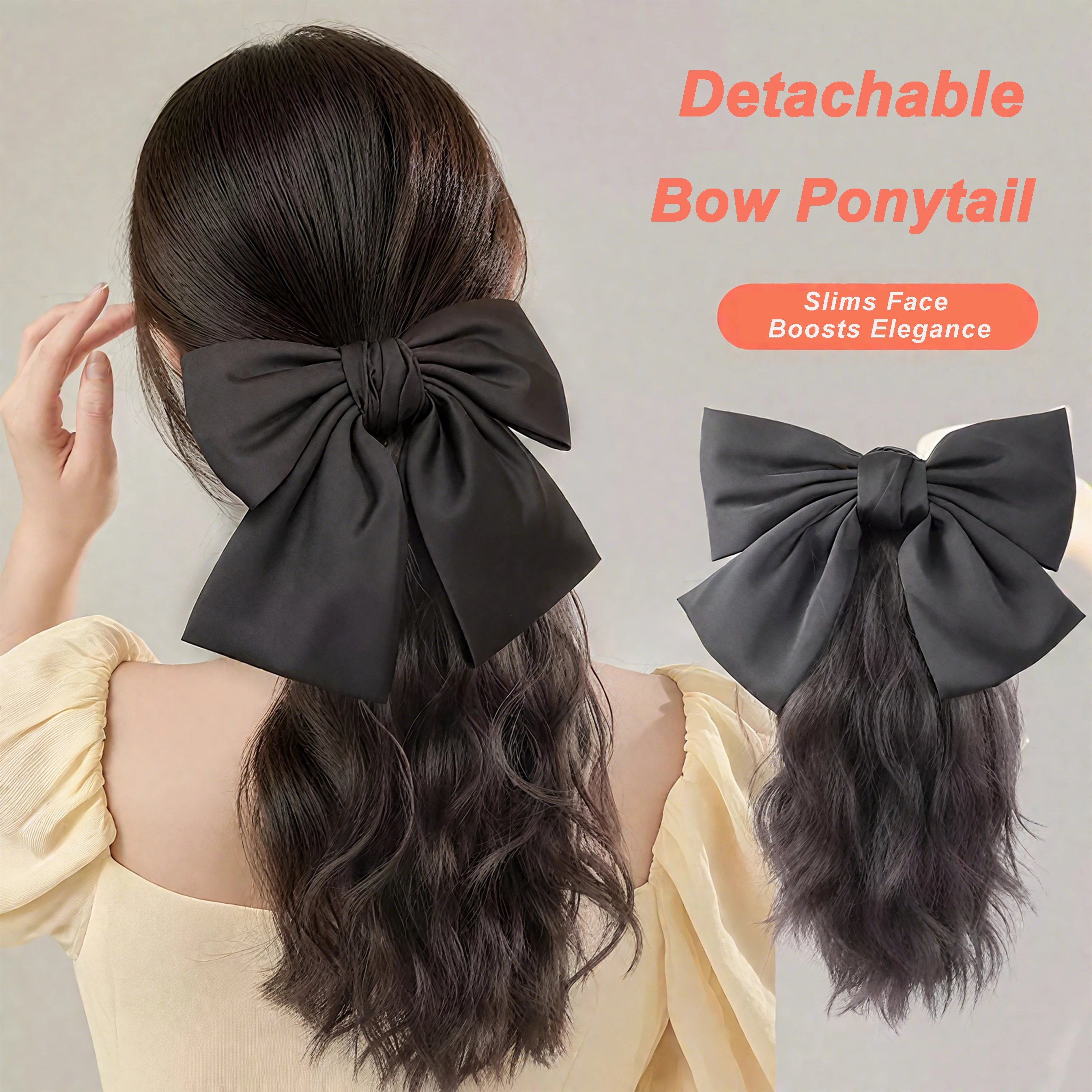 حزام على/مخلب كليب نمط 14/18/22 بوصة الاصطناعية طويلة متموجة مجعد ذيل حصان مع القوس الحلو شعر مستعار تمديد للتصفيف اليومي