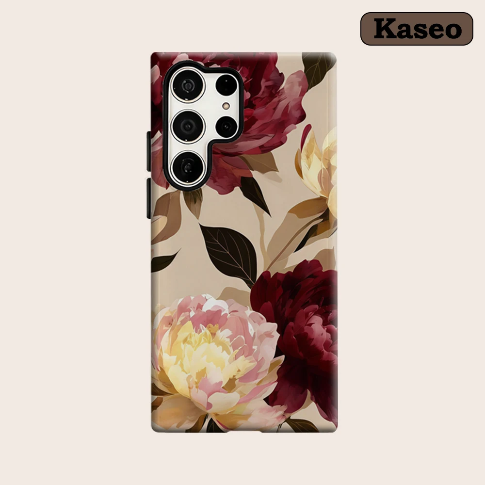 Vintage Peony Luxury Phone Case for Samsung Galaxy S25 Ultra S24 S23 Ultra Plus Glossy Double-layer Back Cover