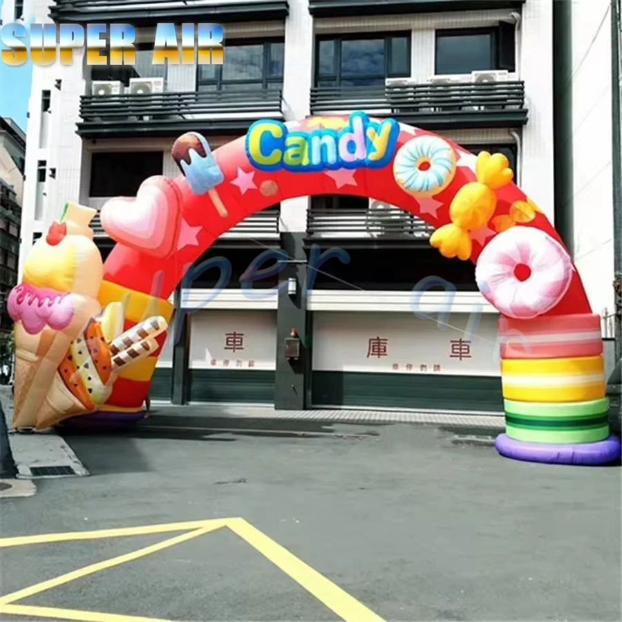 Custom beautiful outdoor inflatable arch used for children's party inflatable candy arch with door curtain
