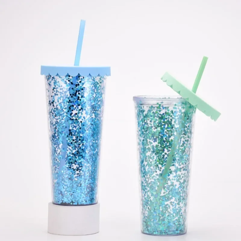 700ml Water Cup with Straw Glitter Double Wall Wavy Edge Straight Tumbler Juice Iced Coffee Cup Daily Use Outdoor Sports 텀블러