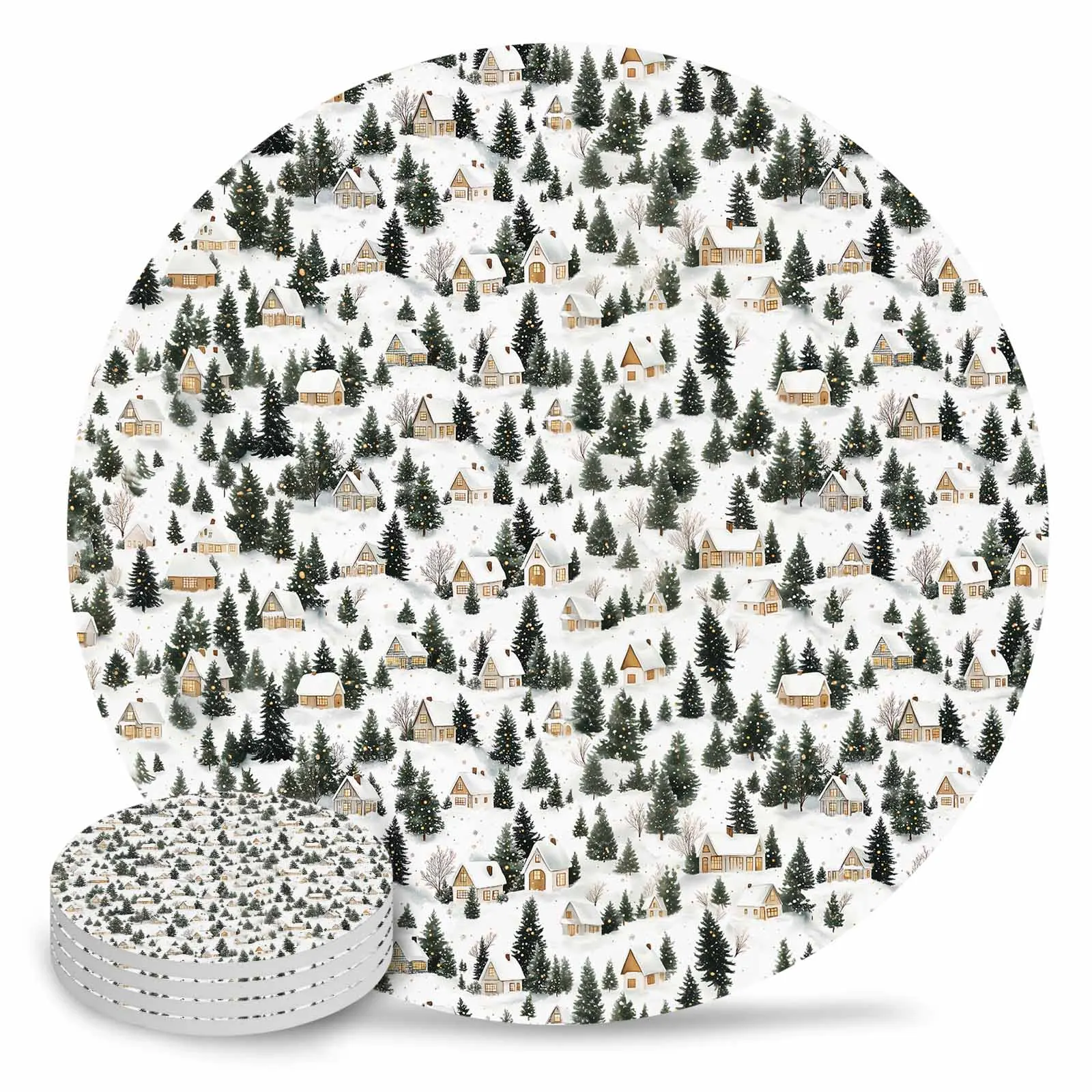 Snowy Scenery Trees Houses Ceramic Coaster Set Kitchen Table Round Placemat Luxury Decor Coffee Tea Cup Coasters