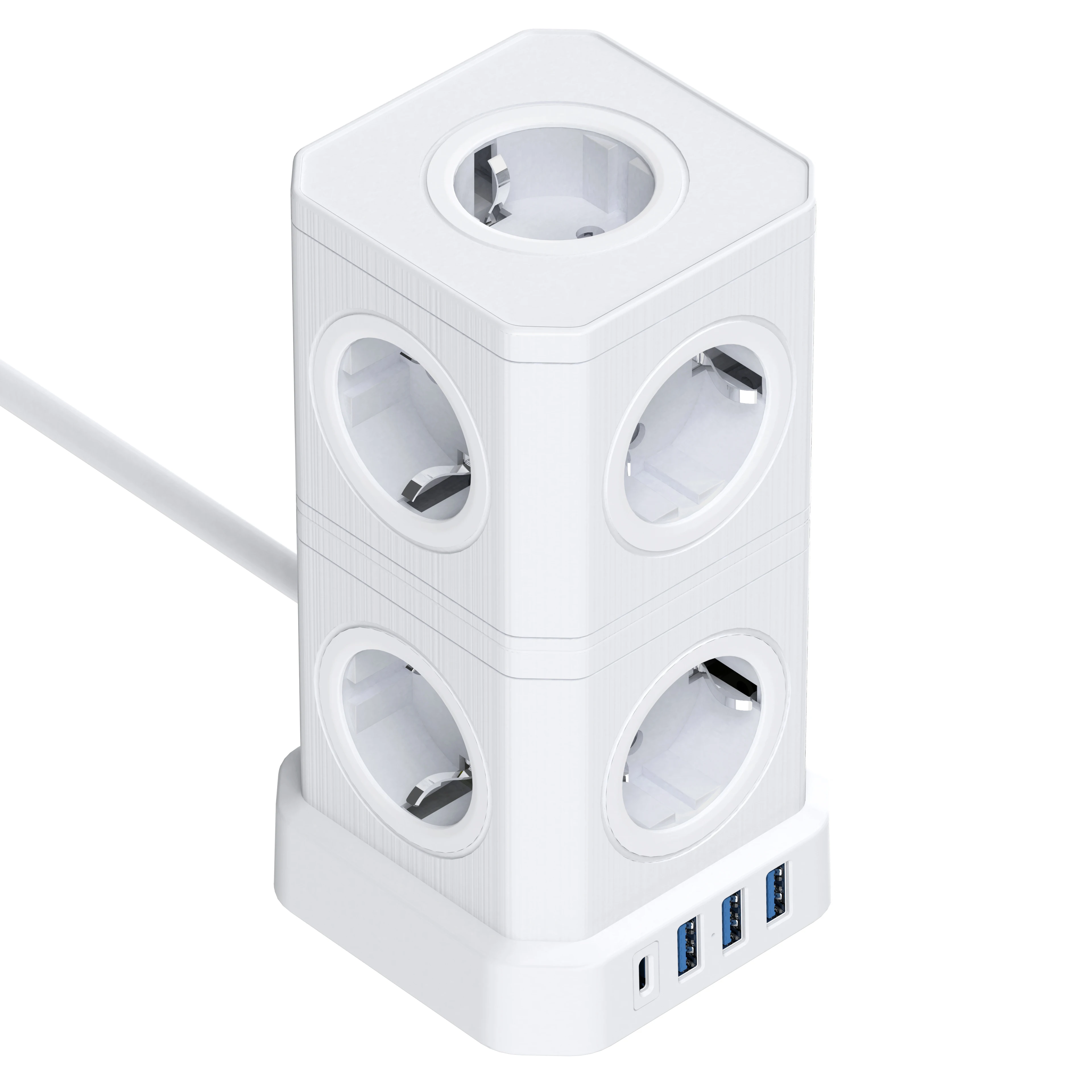 Detachable Europe Tower Socket 20W Fast Charger Overload Switch 16A 4000W for With 2m Extension Cord For Home Office