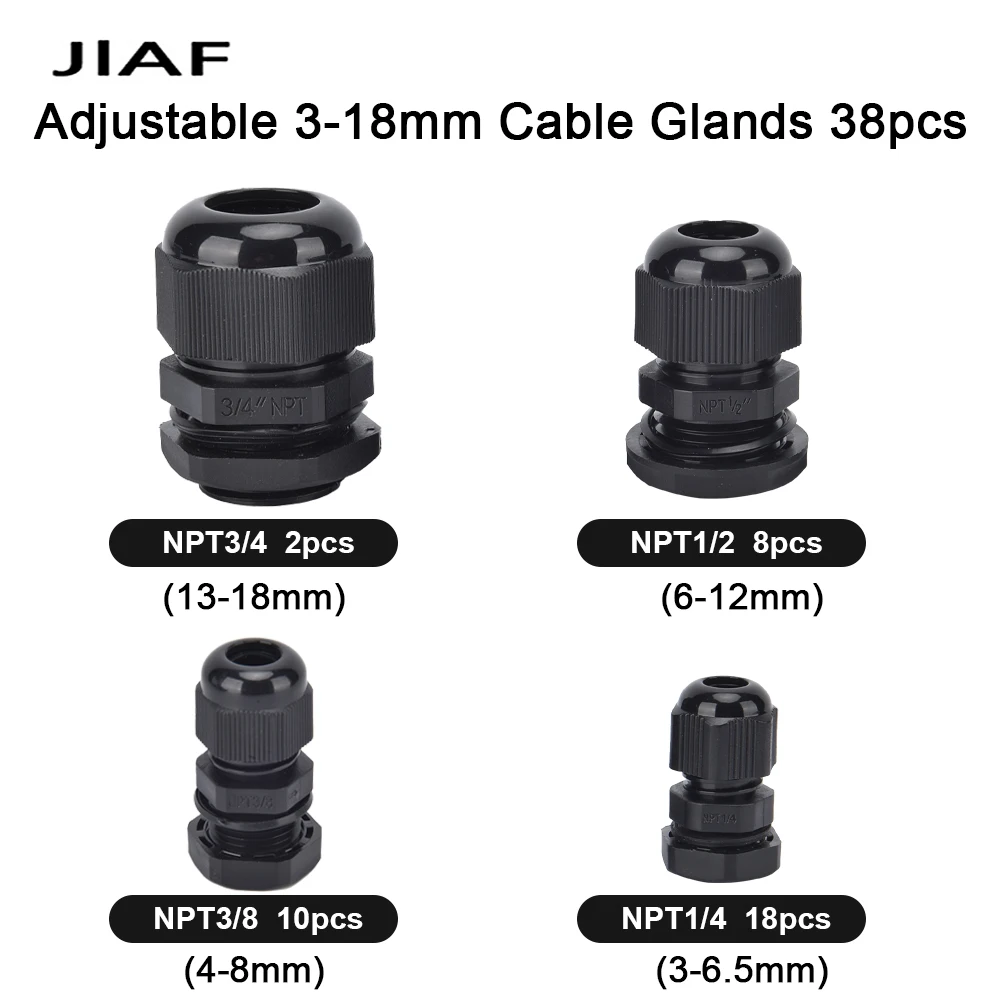 38Pcs NPT1/4-NPT3/4 Plastic IP68 Waterproof Cable Gland Nylon Black Cable Connector With Gasket Cable Fixing Joint Kit