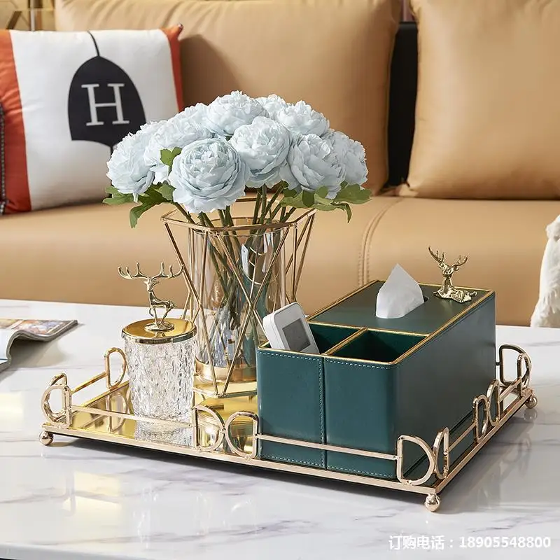 

Golden Stroke Glass Mirror Rolling Tray Large Rectangle Coffee Table storage Trays for Home Decoration