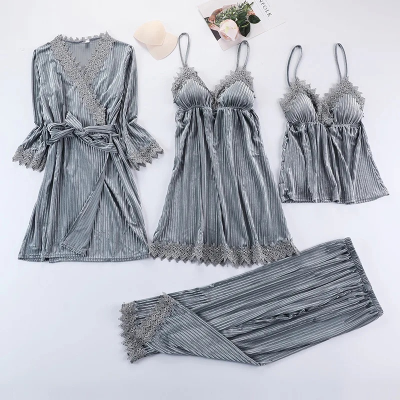 

Autumn Winter Velvet 4PCS Pajamas Bride Bathrobe Kimono Nightgown Home Clothes Sleepwear Intimate Lingerie Female Sexy Robe Set