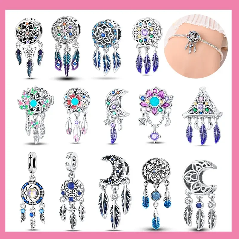 Charms 925 Silver Glow Triangle Round Moon Colored Zircon Dream Catcher Series Beads Pendant Fit Bracelet DIY Birthday Jewelry