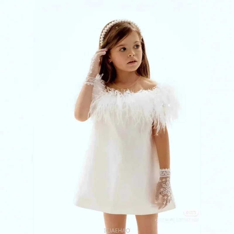 

2026 Girls Princess Dress Birthday Party Gown White Feather ChildrenOutfits Formal Baptism Piano MatchingPerformance Banquet