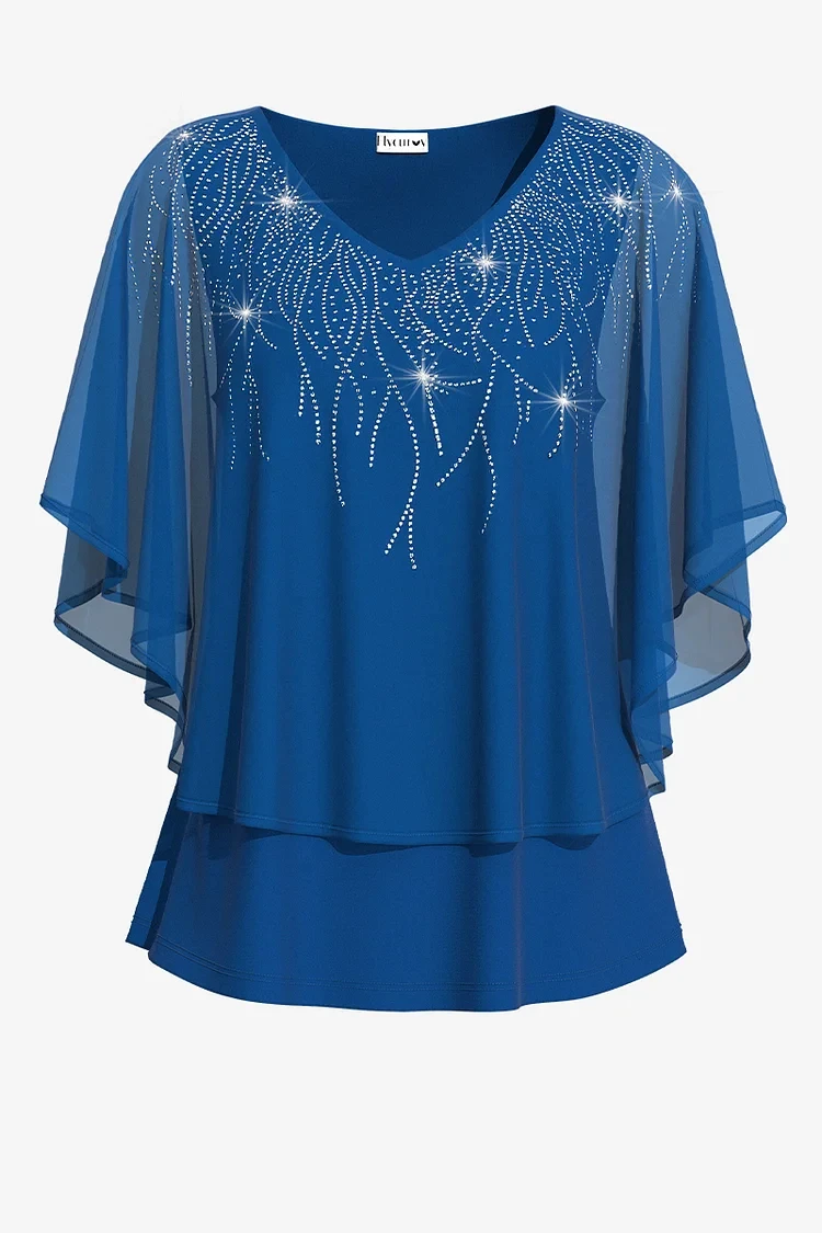 Flycurvy-Blusa de talla grande azul brillante con mangas acampanadas, blusa brillante en capas, Tops con cuello en V