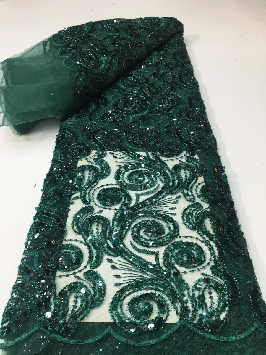 

2023 Latest High Quality Dark Green French Sequins Lace Fabric African Tulle Mesh Lace Fabric For Nigerian Party Dress KYX2328