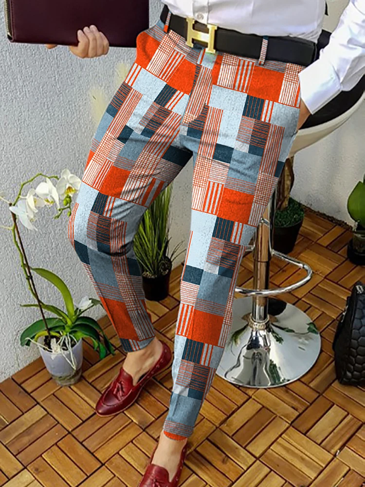 Pantalones pitillo de cintura media para hombre, Pantalón ajustado con estampado de patrón Vintage, ropa de calle informal a la moda, Primavera, 2022