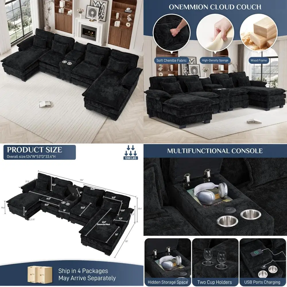 

"124 inch dark black chenille u-shaped sectional sofa with double chaise for cozy living room"