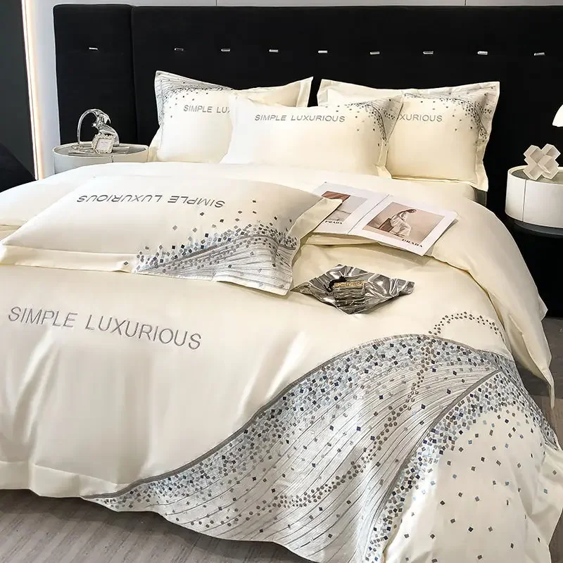 High-end Egyptian Cotton Bedding Set Luxury Chic Embroidery Quilt Duvet Cover Set Bed Sheet Pillowcases King Size Bedding Set