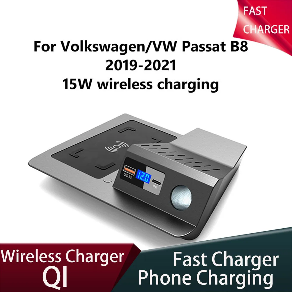 

Автомобильное USB беспроводное зарядное устройство 15 Вт для VW Passat B8 2019 2020 2021 Быстрая зарядка для телефона с QC3.0 USB зарядная пластина продукт отображение напряжения