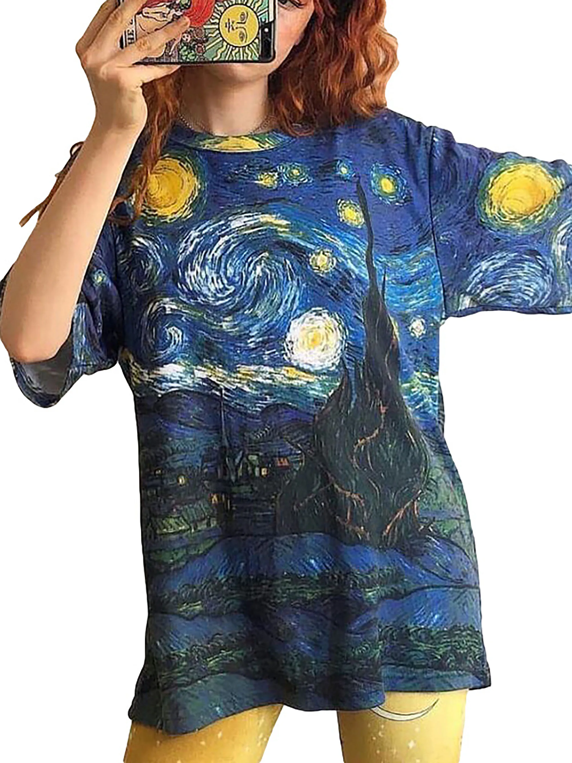 2024 Europe and the United States spring new Van Gogh\'s starry night oil painting theme printed V-neck short-sleeved blouse woma