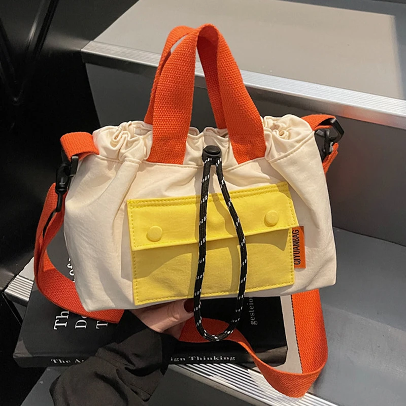

Women's Contrast Color Pleated Nylon Crossbody Bag with Drawstring Large Capacity Lightweight Shoulder Bag for Commute Travel