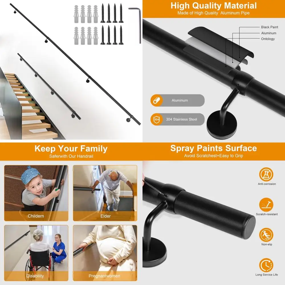 مجموعة درابزين الدرج المعدني الصناعي - درابزين ألومنيوم قوي مثبت على الحائط للسلالم الداخلية والخارجية على الخشب أو الخرسانة